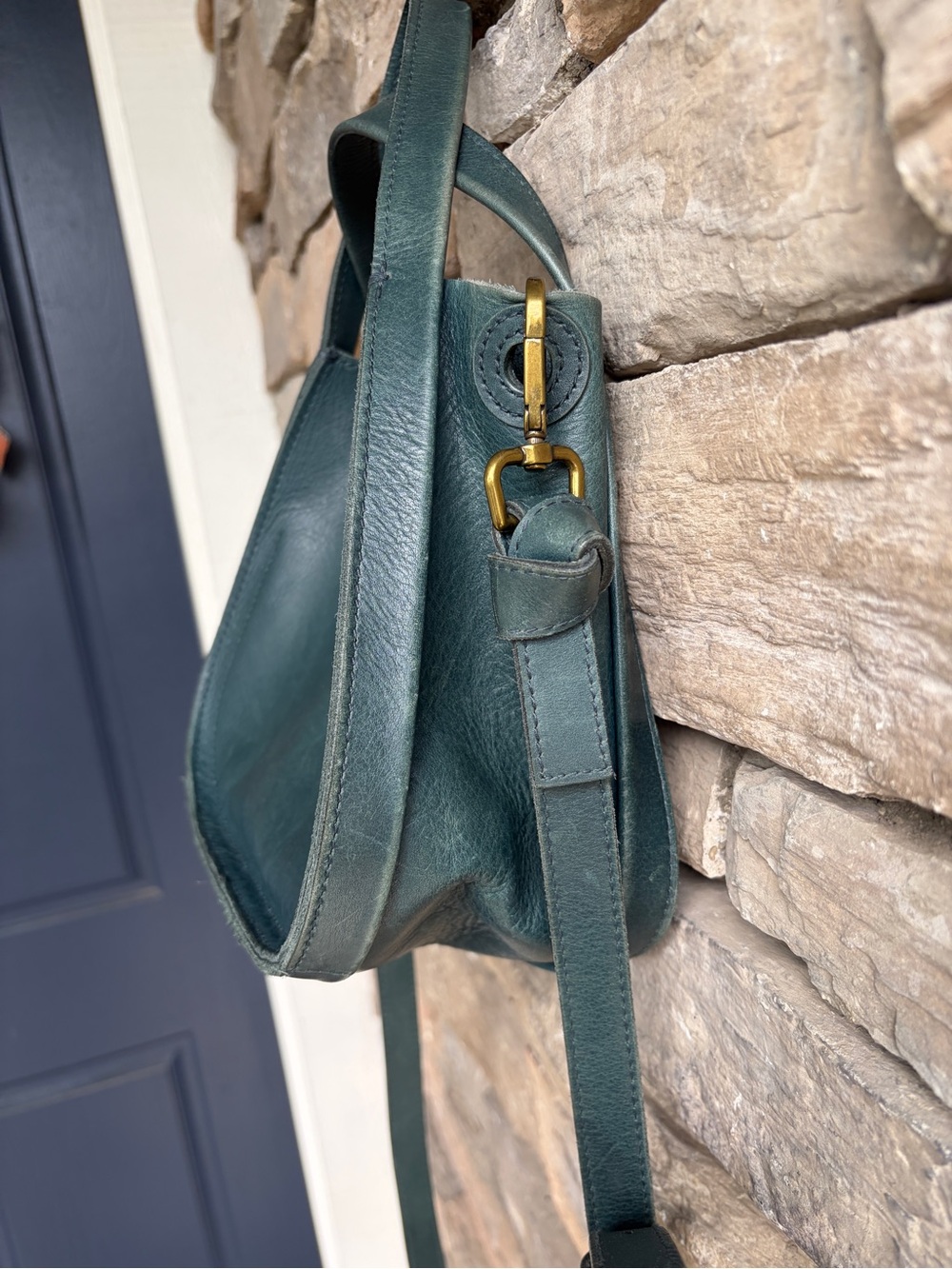 Madewell Sydney Small Transport Bag Dark Blue Green Leather Satchel Crossbody - Picture 6 of 8